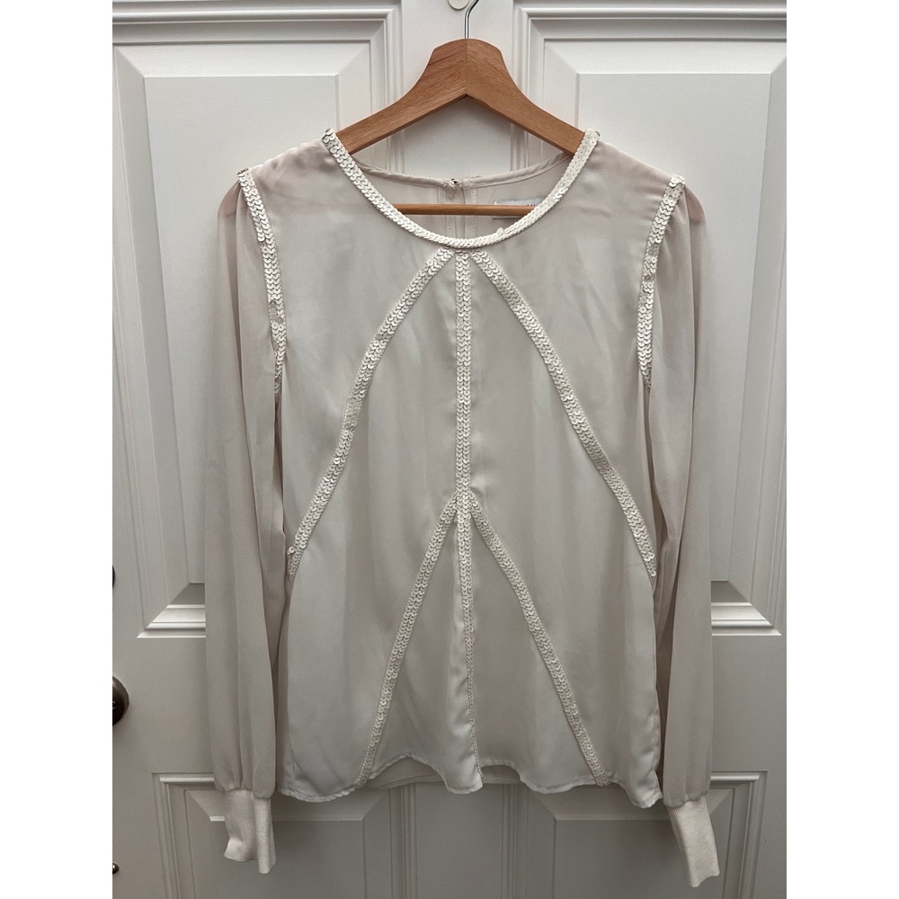 Ambition Womens White Sequin Trim Long Sleeve Blouse Top Size M TP-8002